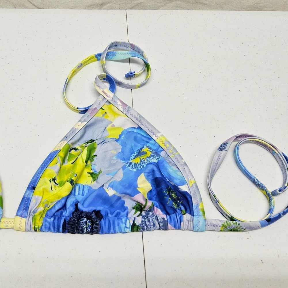Aerie Bikini Top Womens XL Blue Yellow Floral Triangle Halter Swim Real Good